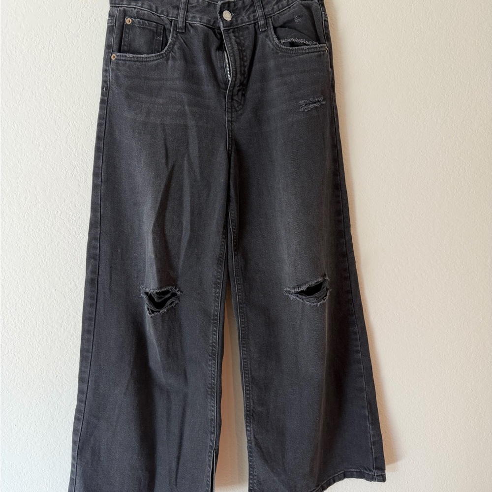 Zara Girls Black Wide-Leg Distressed-Ripped Jeans